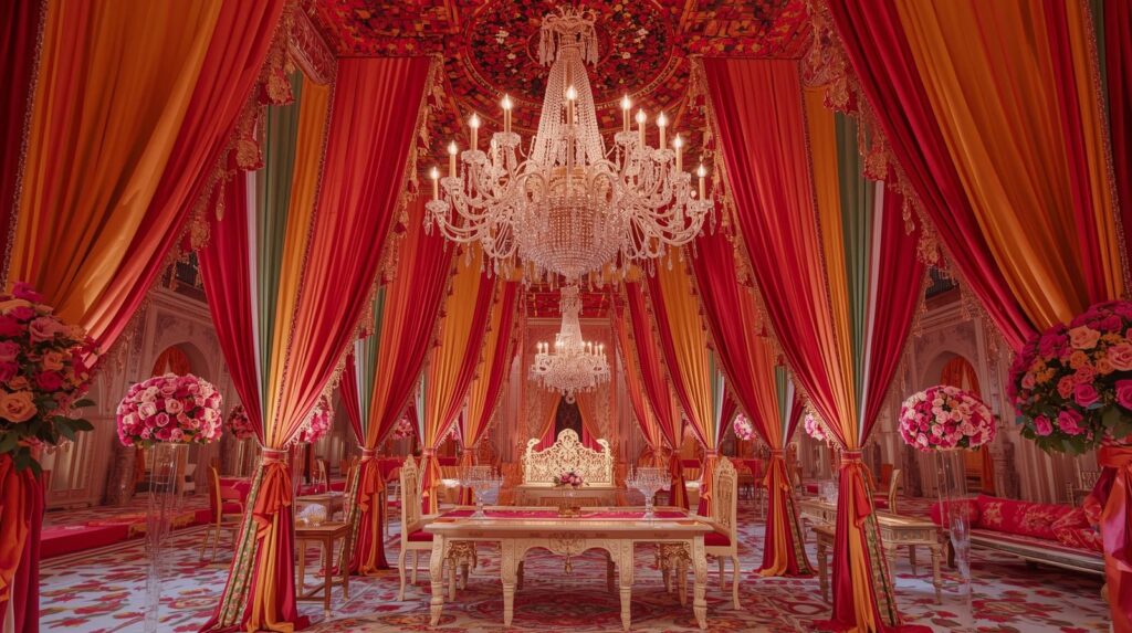 Lavish royal wedding setup in Jaipur with chandeliers, floral décor, and grand seating by a royal wedding planner Jaipur.