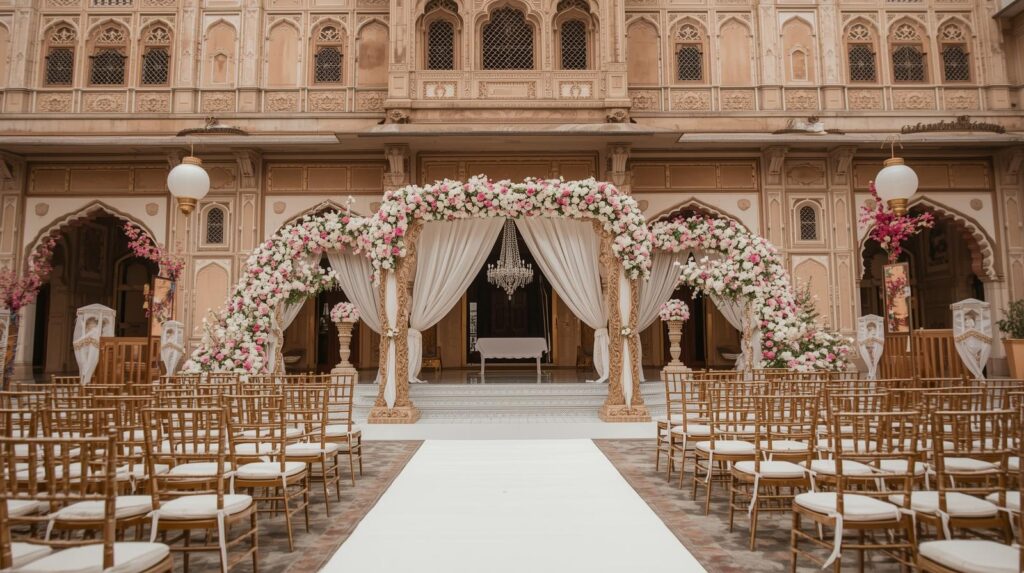 Royal wedding setup with floral decorations and heritage architecture, designed by the top royal wedding planner Jaipur for an elegant celebration.