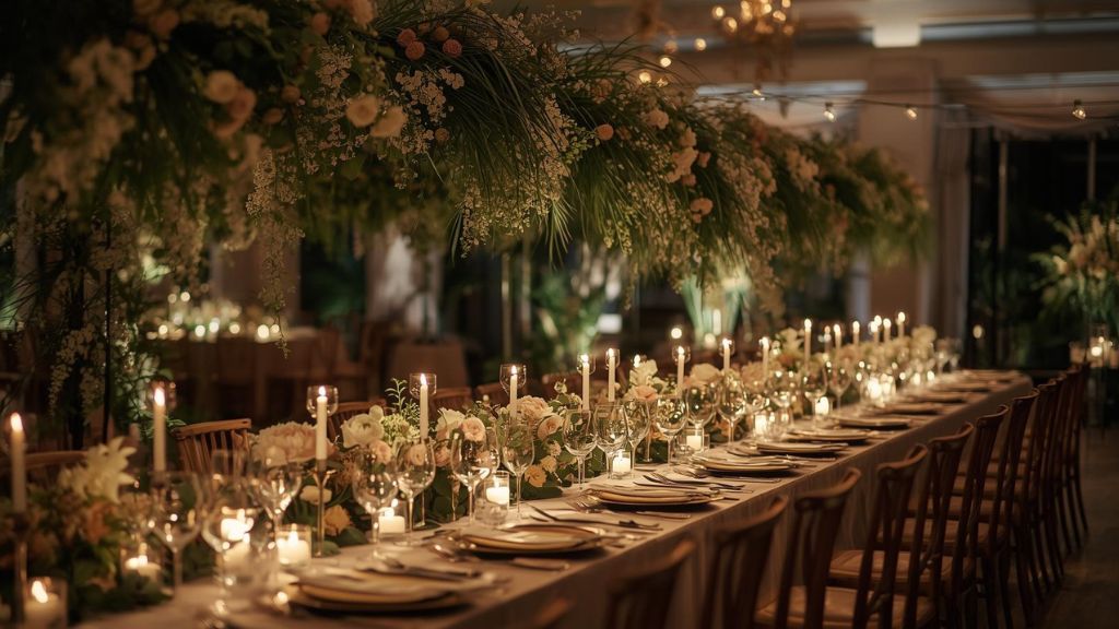 Luxury wedding dinner table setup with candles, flowers, and elegant décor by a royal wedding planner Jaipur.