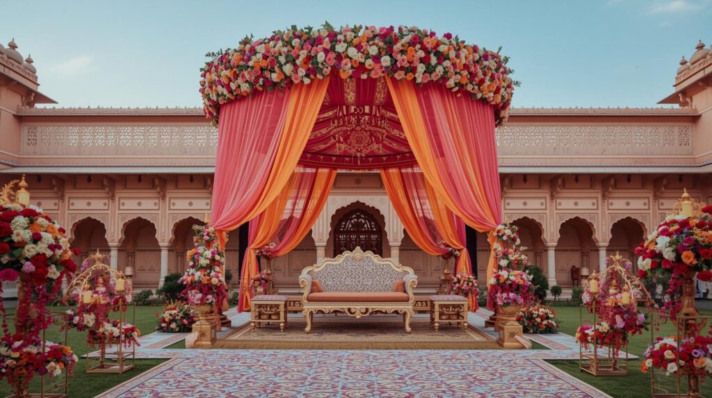 Outdoor royal wedding mandap setup in Jaipur with floral décor, colorful drapes, and royal seating by a royal wedding planner Jaipur.