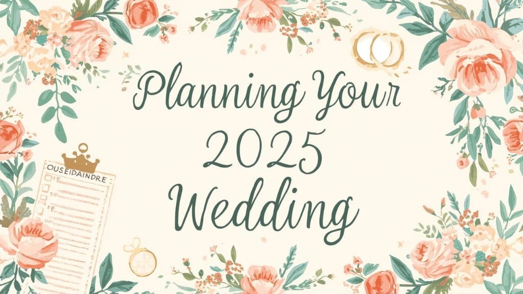 A decorative image with floral borders and the text "Planning Your 2025 Wedding." In the corners are illustrations of a wedding ring, a crown, and a wedding planning checklist.Marriage Dates in 2025