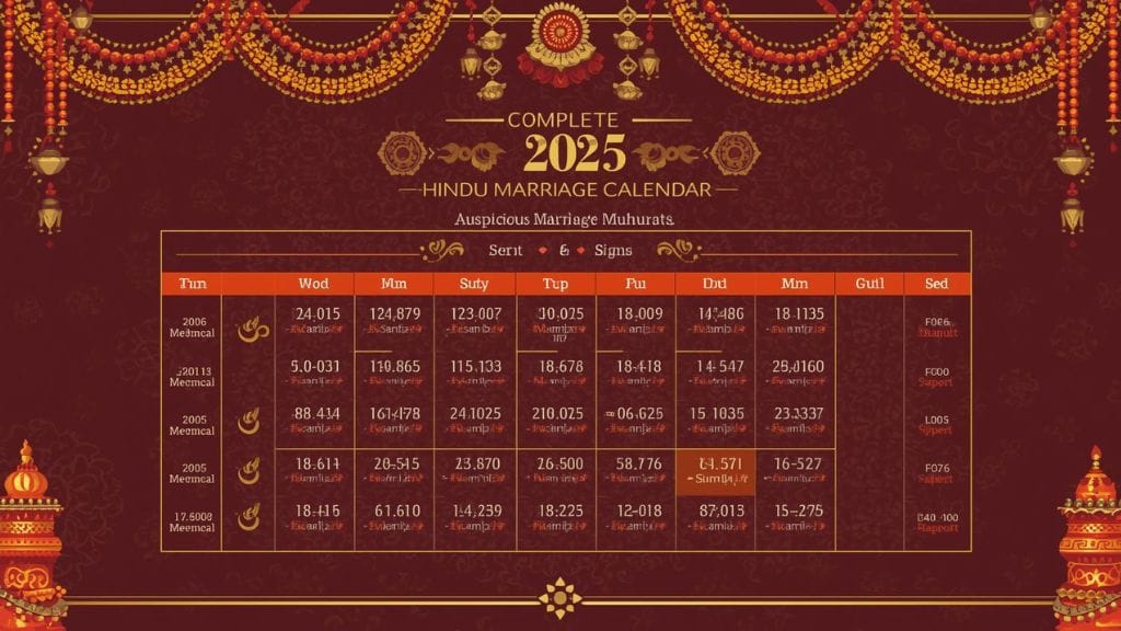 A "Complete 2025 Hindu Marriage Calendar" with a traditional Indian design, featuring a deep red background, gold marigold garlands, and a grid of auspicious dates.