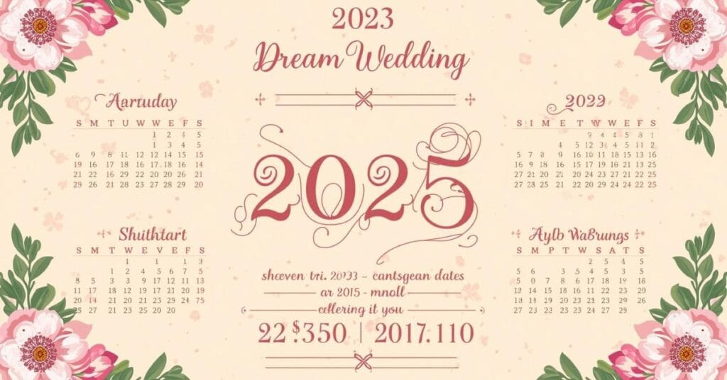 A wedding-themed graphic for 2025, featuring the number "2025" in large red text, surrounded by floral borders and several small, stylized calendars.