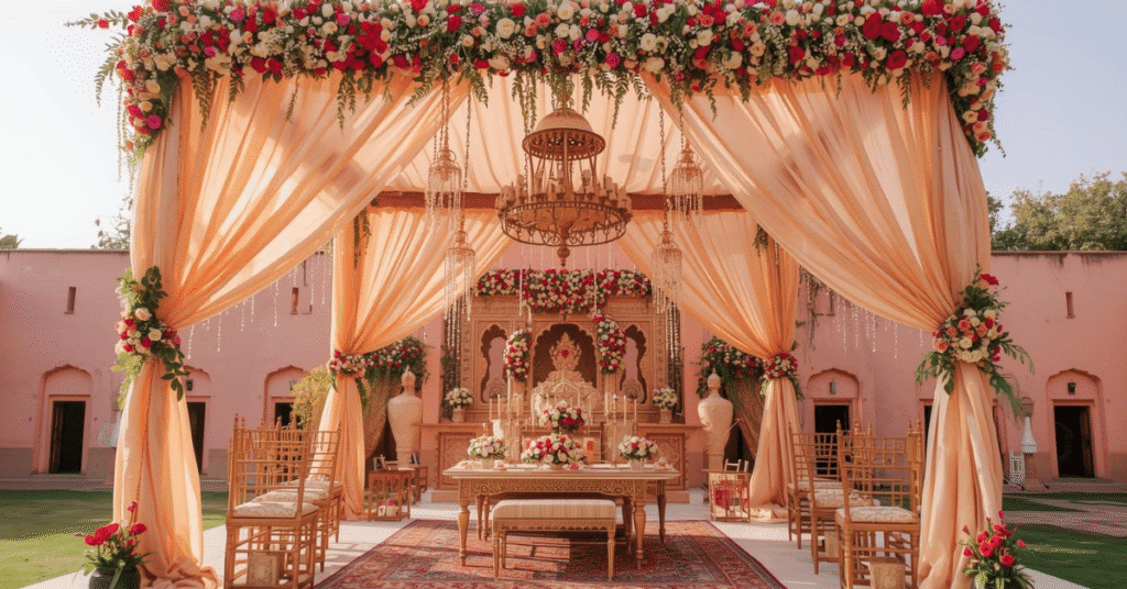 A grand outdoor wedding mandap with peach curtains, floral borders, and traditional seating arranged by wedding planners in Jaipur.