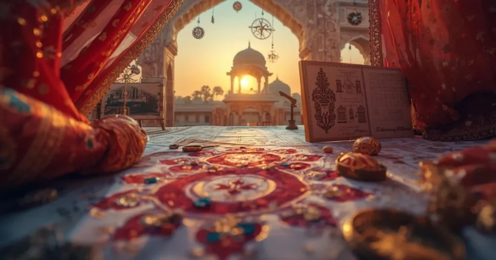 Exquisite wedding decor in Jaipur featuring traditional red textiles, intricate mandap details, and a historic palace dome at sunset.Wedding Planner in Jaipur.